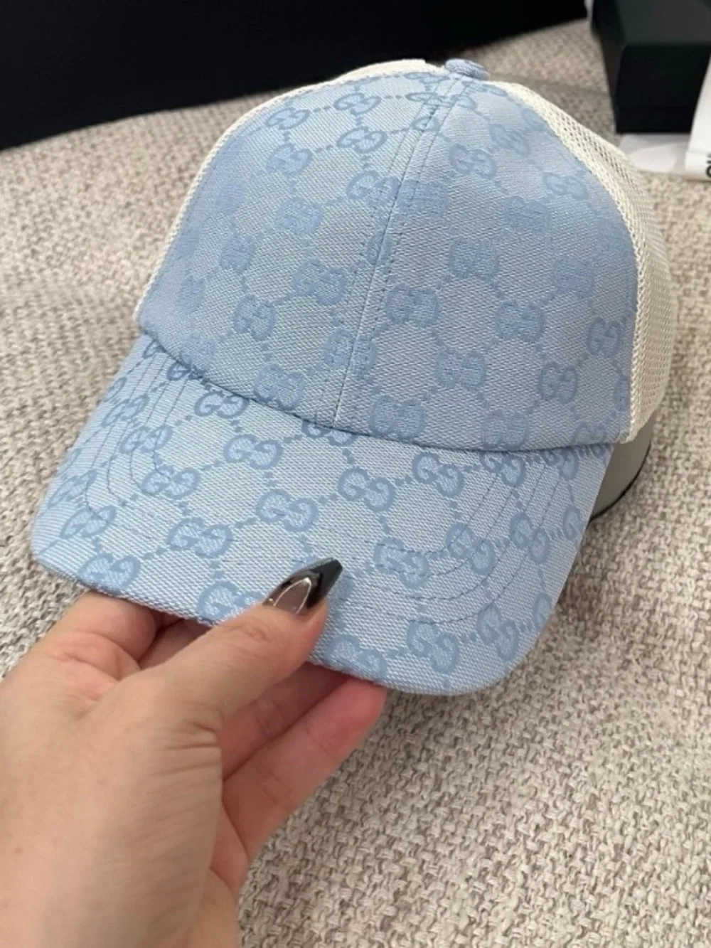 Double G Designer Light Blue Signature Logo Mesh Back Truckers Hat